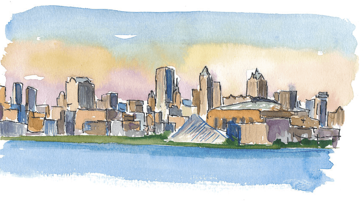 Watercolor and ink illustration of the Milwaukee skyline from the lakefront