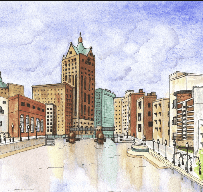 Watercolor and ink illustration of City Hall over the Milwaukee River