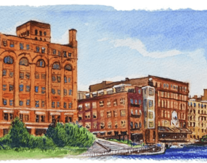 Watercolor and ink illustration of the historic Third Ward warehouse district