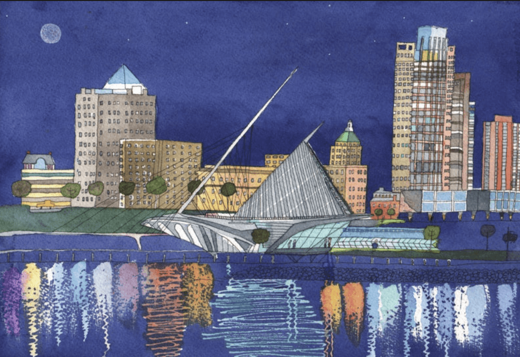 Watercolor and ink illustration of the Milwaukee lakefront at night, with the Calatrava reflected in the water